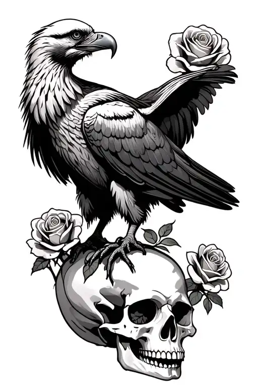 Vulture Standing On A Skull With Roses Growing