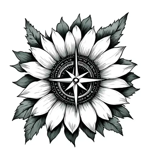 Compass In Center Of Sunflower Fine Line Minimal