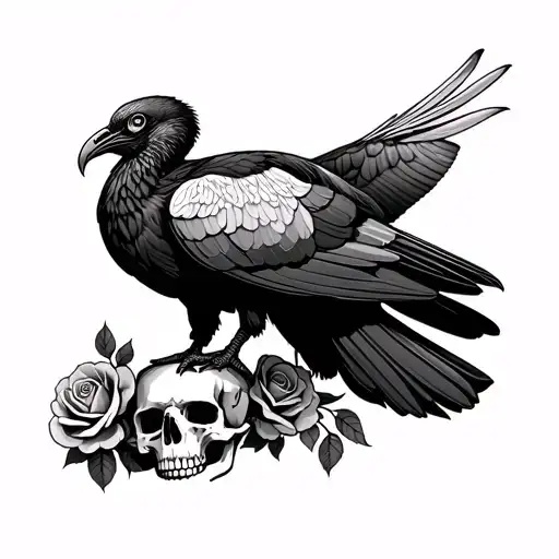Turkey Vulture Standing On A Skull With Roses