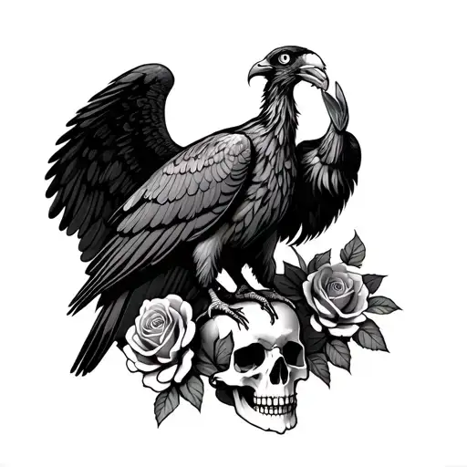 Turkey Vulture Standing On A Skull With Roses Hauntingly With Wings Wrapped Around Itself