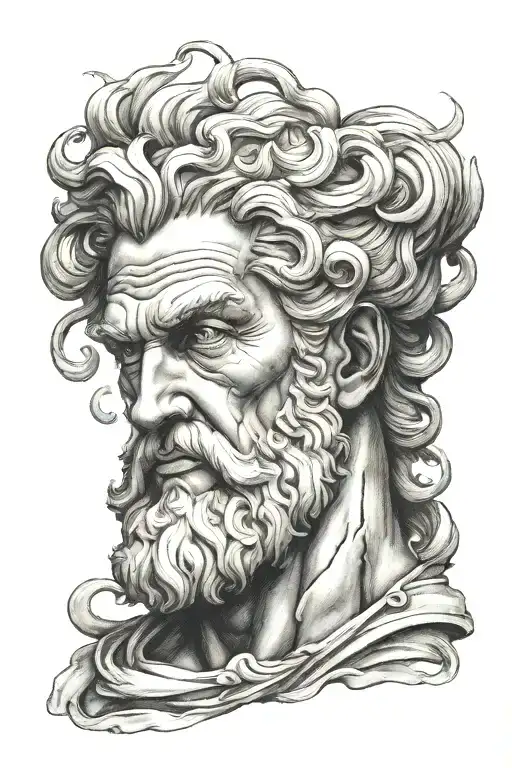 A Portrait Of Zeus With A Stormy Background In Black-grey Style