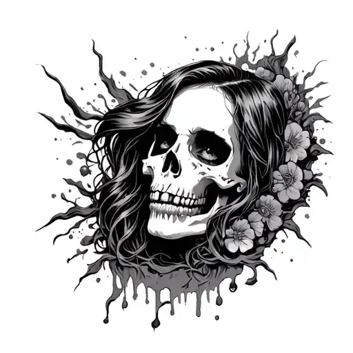 American Traditional Tatoo With A Woman With Skeleton Face Falling Into The Abyss