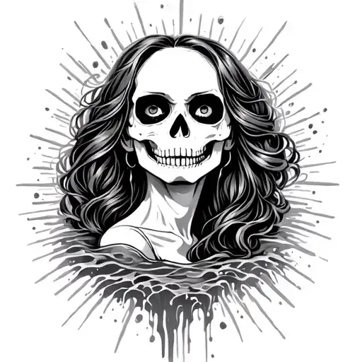 American Traditional Tatoo With A Woman With Skeleton Face Falling Into The Abyss