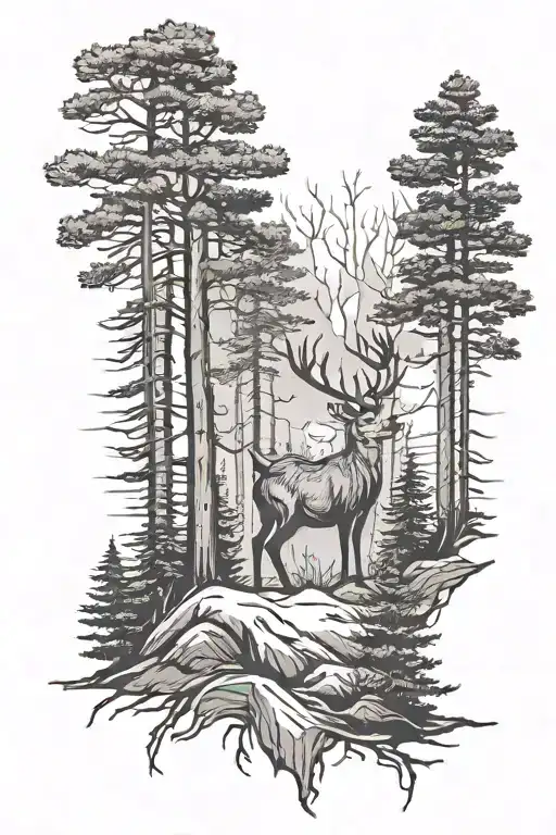 Pine Trees With White Tail Deer In Negative Space Surrounded