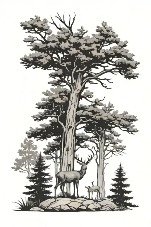 Pine Trees With White Tail Deer Standing