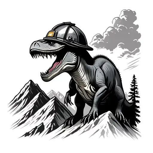 Dinosaur Wearing Firefighter Helmet On Top Of A Mountain