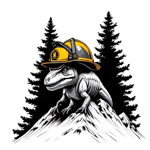 Baby Dainty Dinosaur Wearing Firefighter Helmet On Top Of A Mountain