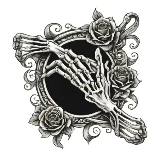 Skeleton Praying Hands With Ribbons And Roses Surrounding