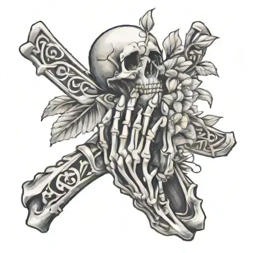 Skeleton Praying Hands With Ribbon And Flowers