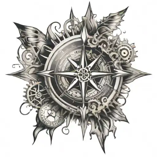 Create A Tattoo Of A Compass Rose Intertwined With Motorcycle Gears And Sports Betting Symbols