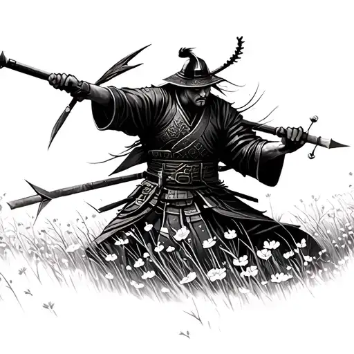 Ronin Samurai Warrior Getting Shot By Arrows In A Field Of Cherry Blossoms