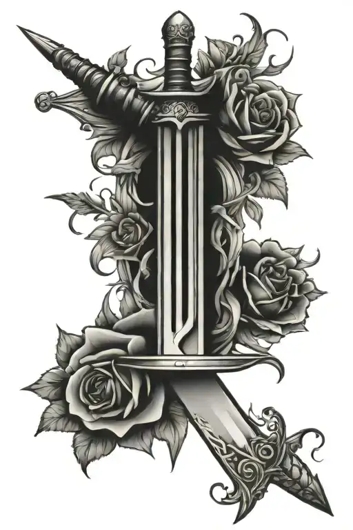 Flaming Sword Surrounded By Roses