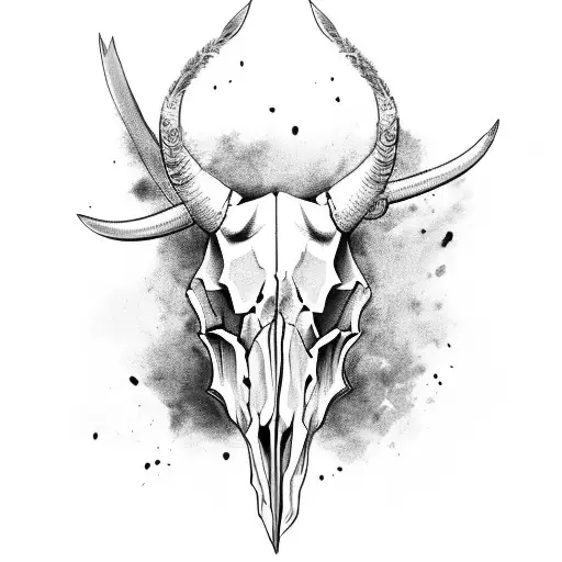 Bull Skull With Feathers Hanging Off Horns