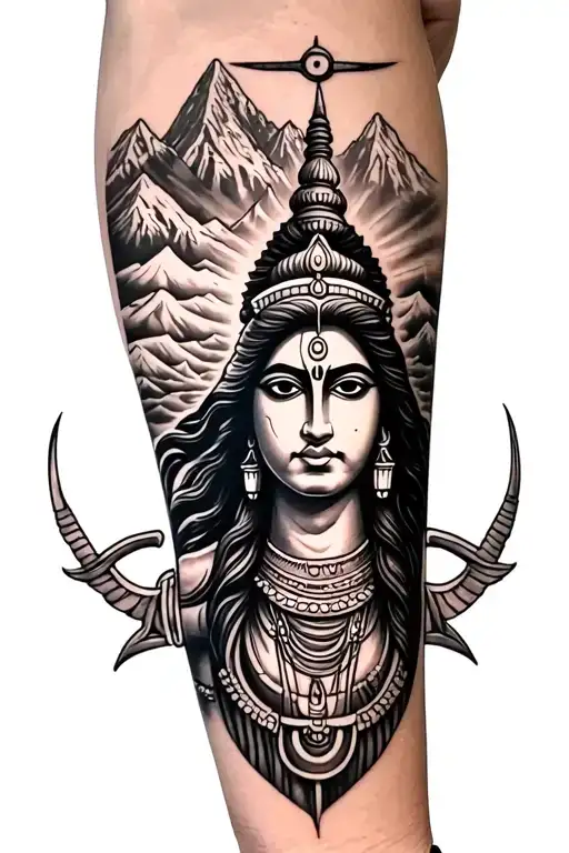 A Forearm Tattoo That Has A Shiva Trishul In Front Of The Colorado Mountains