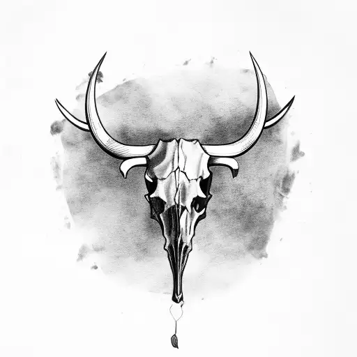 Bull Skull With Feathers Hanging Off Horns