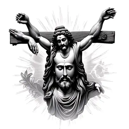 Jesus Christ Crucified And Heads And Gautham Buddha