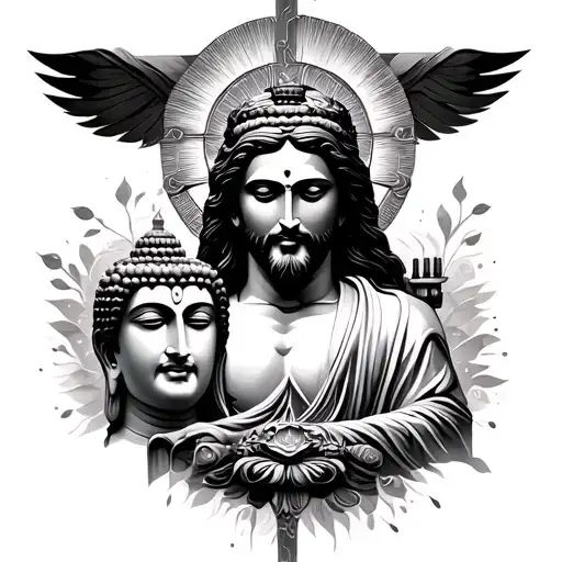 Jesus Christ And Heads And Gautham Buddha Floating