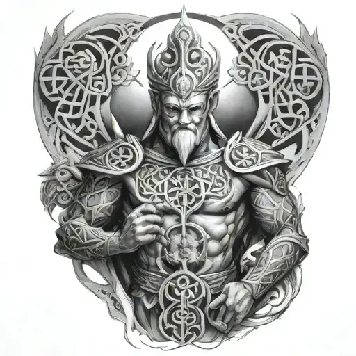 Full Sleeve Tattoo Mixing Celtic And Nigerian Deity Design