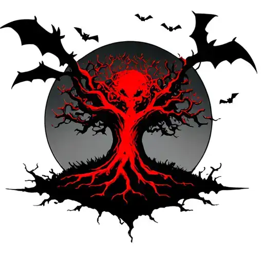 Red Poison Tree With Bats Flying Towards