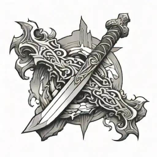 A Sword In A Rock With Flames Behind It