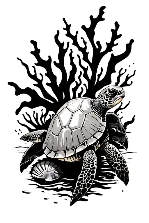 A Sea Turtle And Some Seaweed And Sea Shells