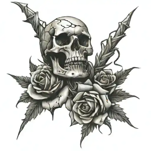 Barbed Wire And Thorns Wrapping Down Arm Connected To A Skull And Roses