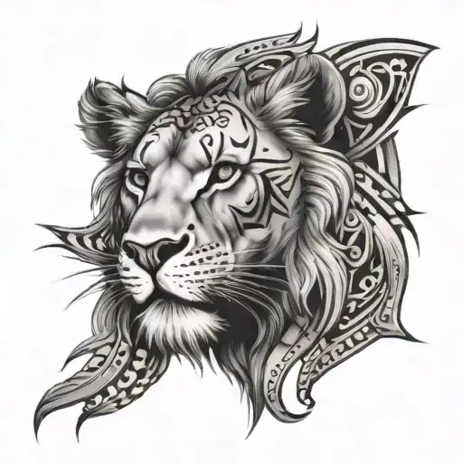 Young Lion Tribal Tattoo From Chest To Arm