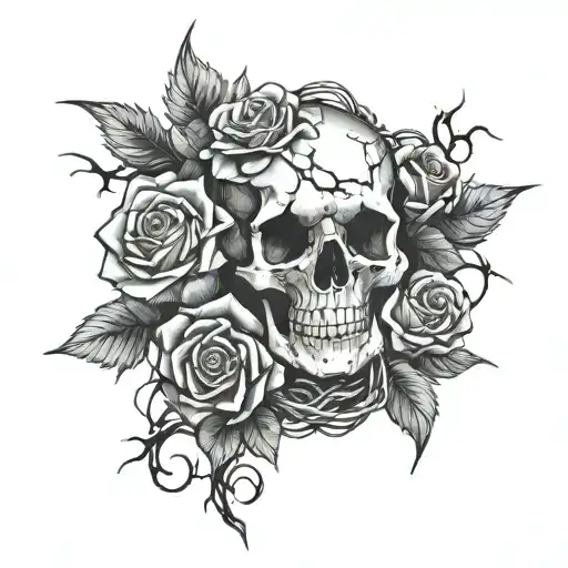Barbed Wire And Thorns Wrapping Around Arm Past Elbow Connected To A Skull And Roses