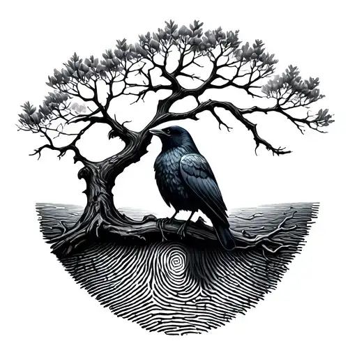 Tree Of Life Whit Fingerprint In Bottom Whit Raven Sitting On Branch