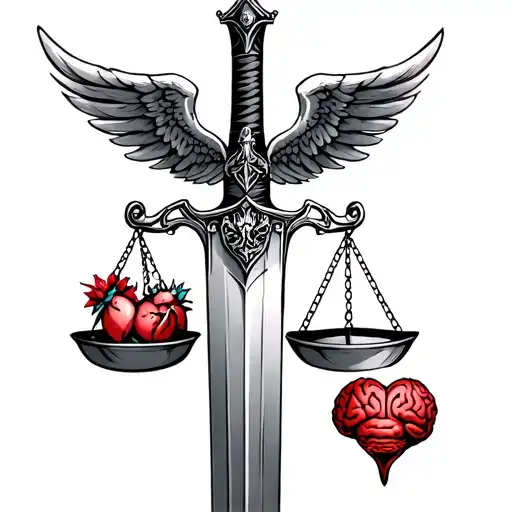 Sword With Wings And Crown On Top With Balancing Scales One Witrh Heart And One With Brain