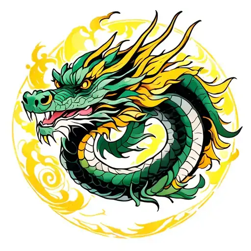 Traditional Japanese Dragon Tatto Green And Yellow Dragon