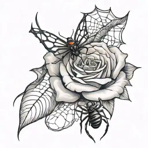 Rose With Black Widow Spider Hanging From Webs Surrounding