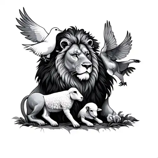 Lion With Dove And Lamb Surrounded