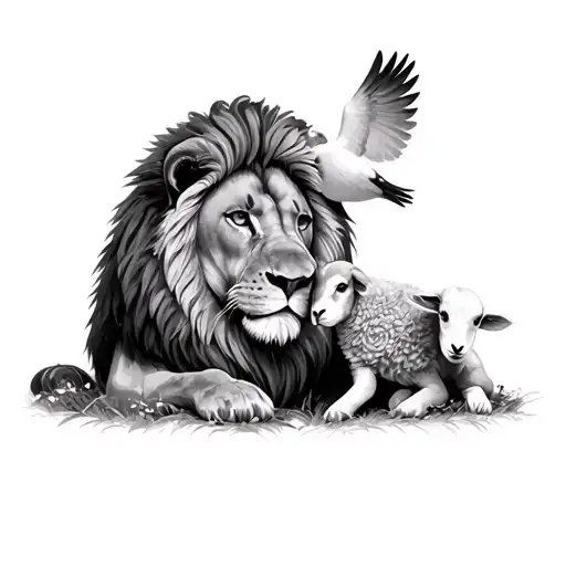 Lion With Dove And Lamb Looking
