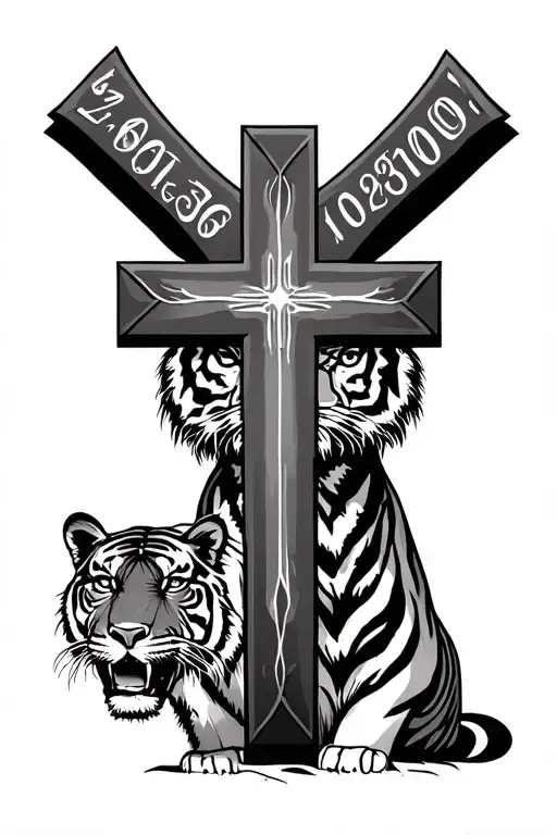 A Cross With A Tiger In The Back Ground And Dates Down The Cross
