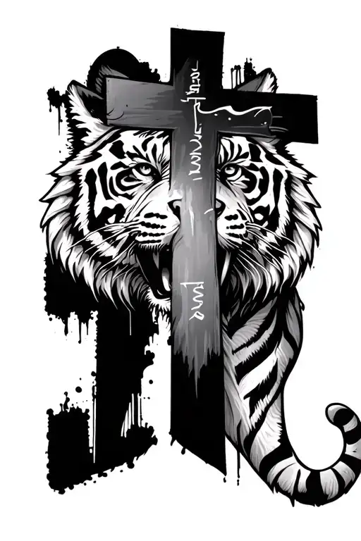 A Cross With A Tiger Face Filling The Back Ground And Dates Down The Cross