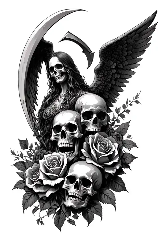 Angel Of Death With A Scythe Skulls And Roses Intertwined