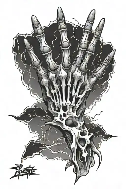 Skeleton Hand Tattoo With Lightning Bolts Surrounding The Fingers