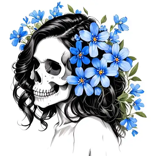 Brunette Spanish Skull Lady With Blue Alpine Forget-me-nots