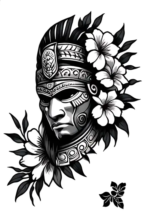 Polynesian Forearm Tattoo Design Featuring A Warrior Mask And Some Flowers