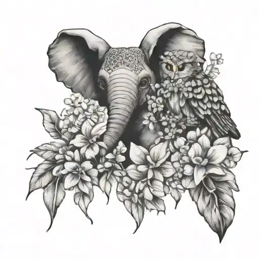 Elephant And Forget Me Not Flowers And An Owl
