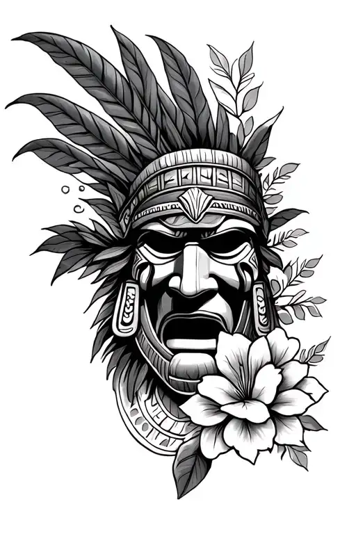 Polynesian Forearm Sleeve Design Featuring A Warrior Mask And Some Flowers