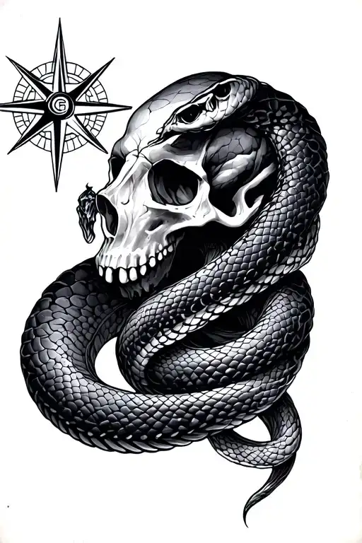 Snake Wrapped Skulls Compass Rose Intertwined