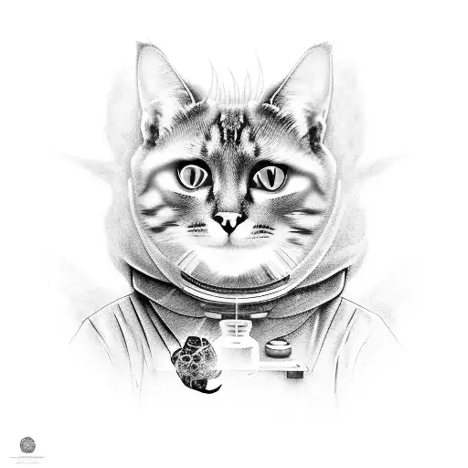 A Black-grey Tattoo Of A Scientist Observing A Cat Exploring The Mysteries Of The Universe
