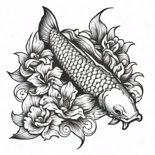 Koi Fish With Flowers