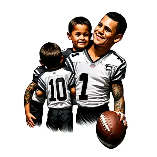 Tattoo On The Full Football Arm With A Father And Two Children One The Shirt A 10 And Another A 7