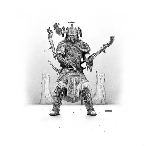 A Black-grey Tattoo Of A Nordic Warrior Playing A Rock Guitar