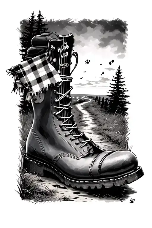 A Path Going Into The Distant With Boot Prints & A Flannel Scrap Stuck On A Guitar String