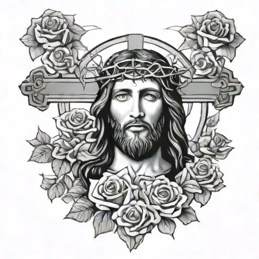 Jesus Christ With Cross And Roses Background Black And White