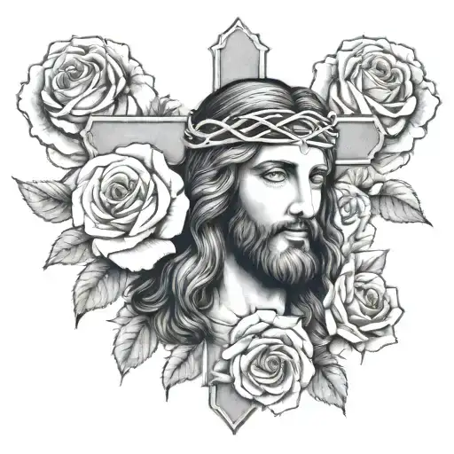 Jesus Christ With Cross And Roses Background Black And White